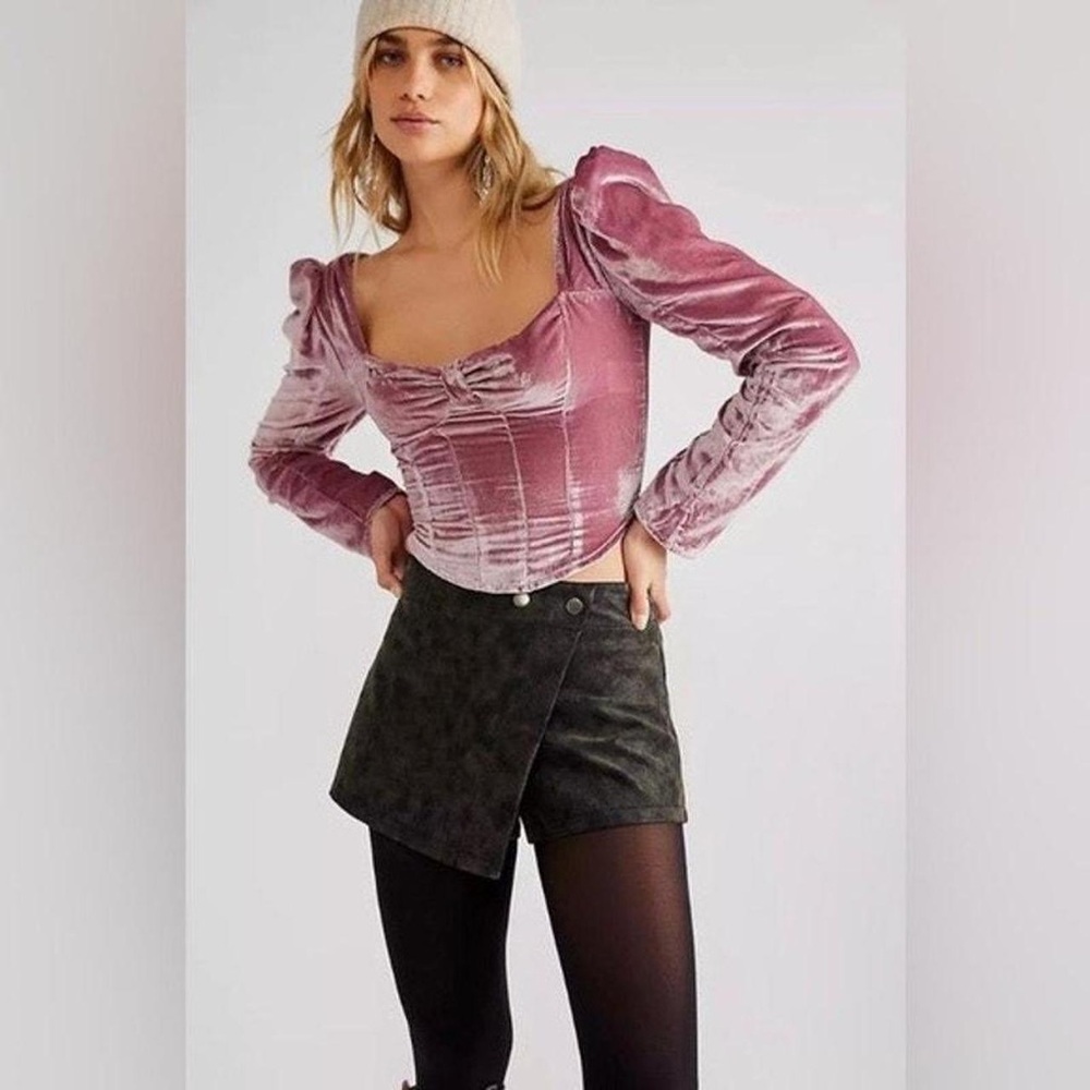 Free People Pink Velvet Bridgette Puff Sleeve Sweetheart Top M
